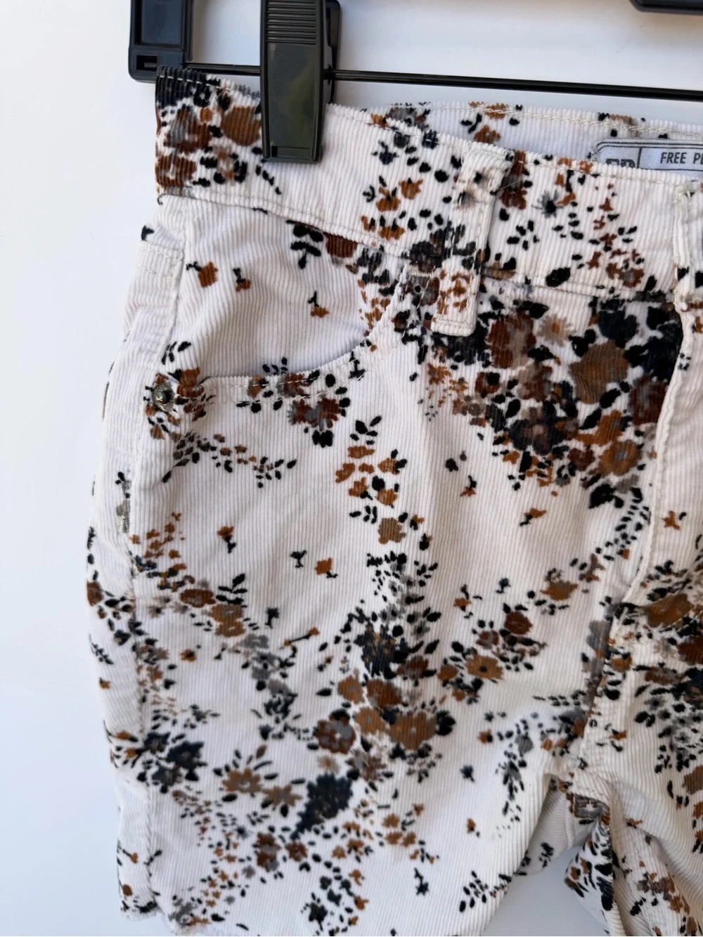 Free People White Floral Jean Shorts with Brown & Black Print
